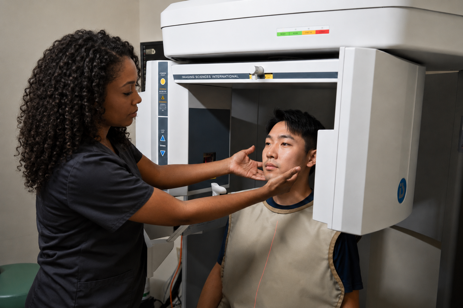 Dental team member preparing a patient for diagnostic imaging