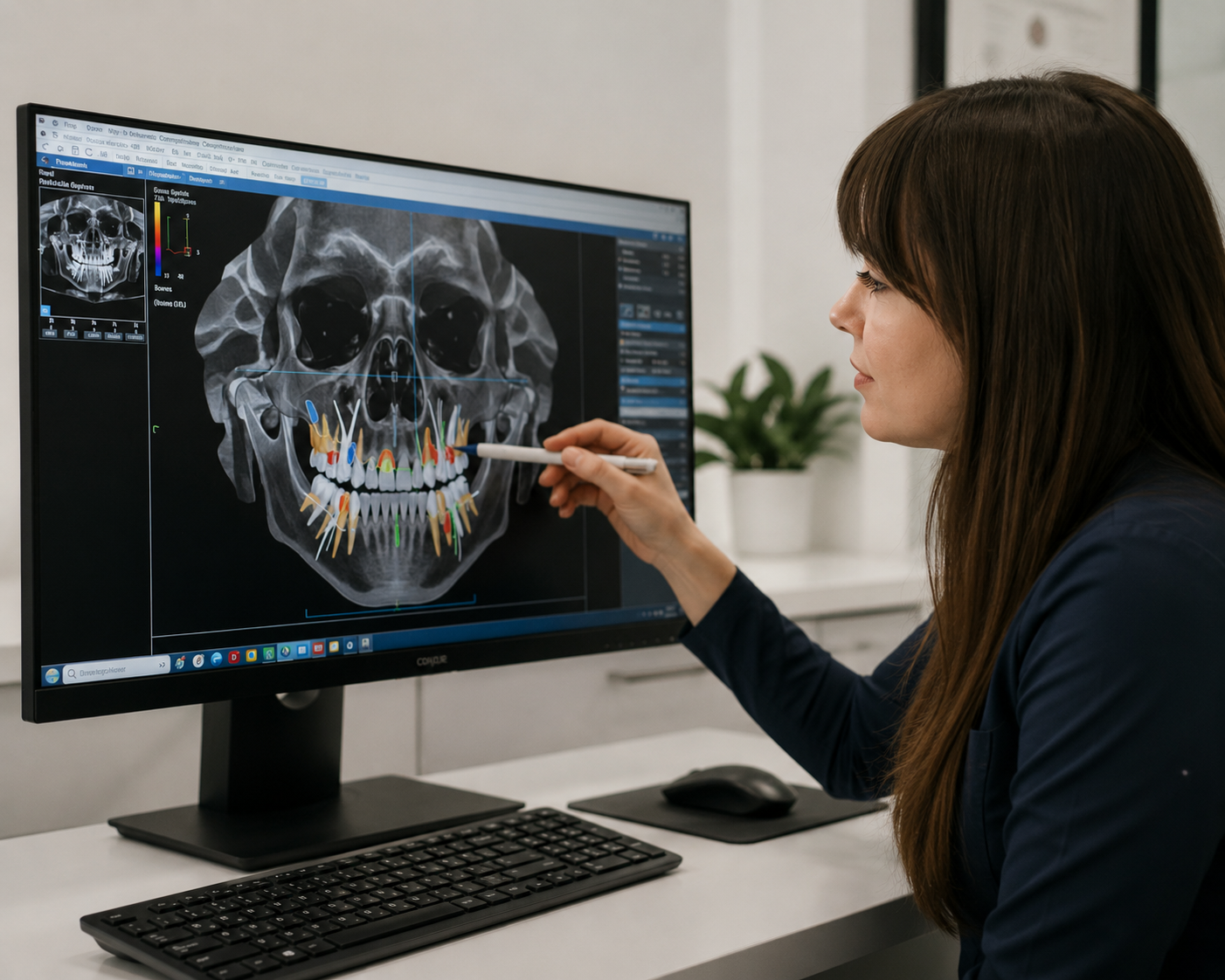 Dentist reviewing diagnostic imaging on a computer monitor