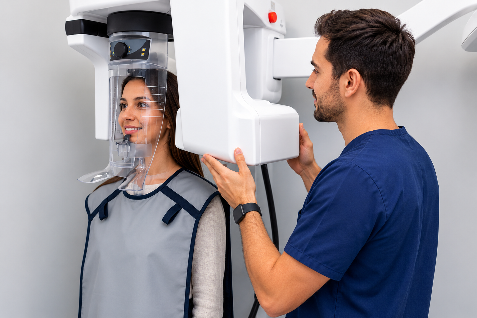 Team member positioning a patient for a dental radiograph