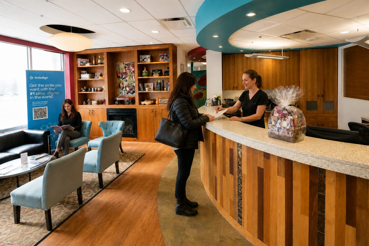 Receptionist helping a patient at the front desk at Glenora Dental Family Dentistry in Edmonton