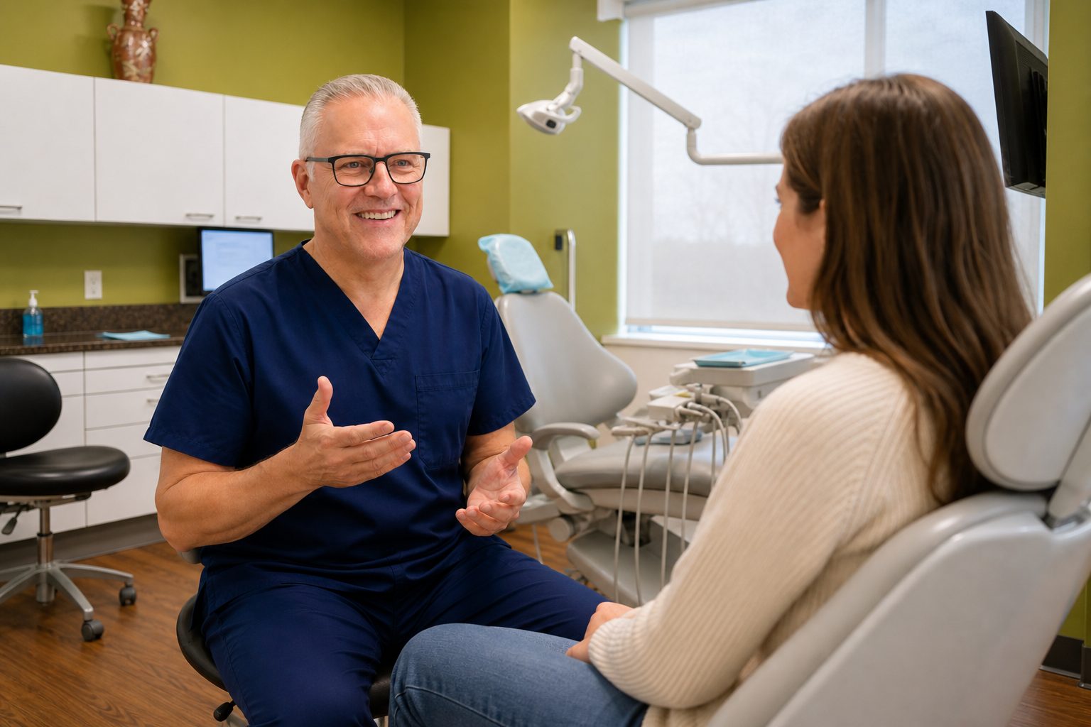 Dr. Shah beside an exam chair at Glenora Dental Family Dentistry