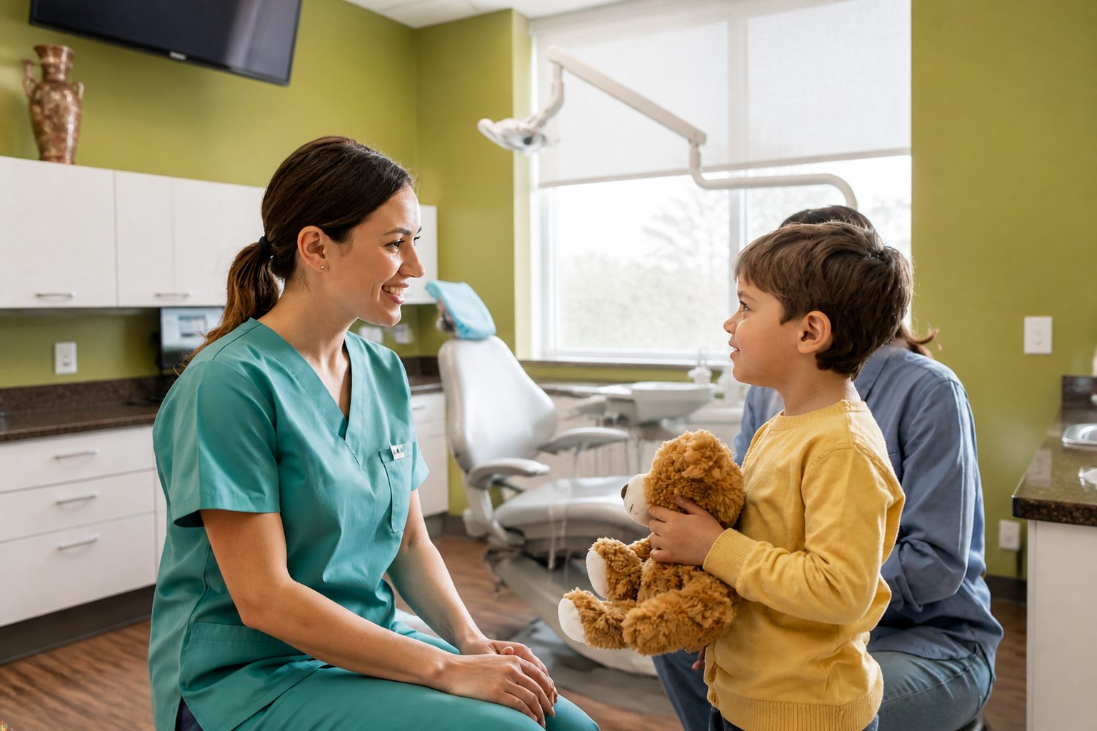 Dental team member greeting a child with a teddy bear at Glenora Dental Family Dentistry