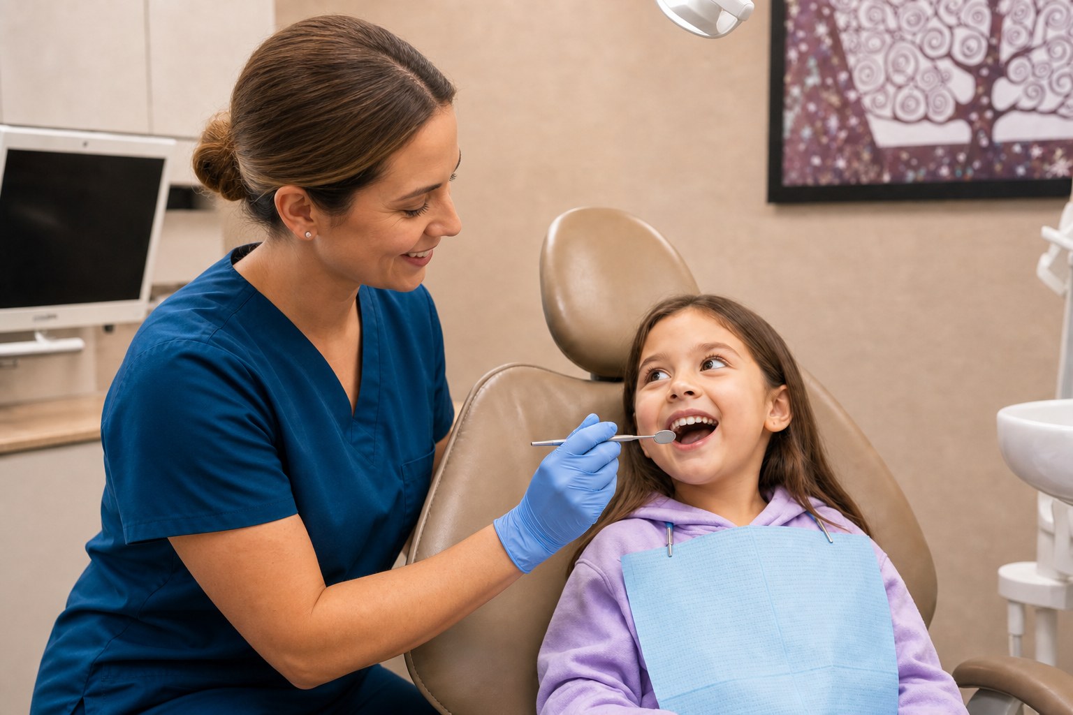 Dental hygienist examining a child at Glenora Dental Family Dentistry
