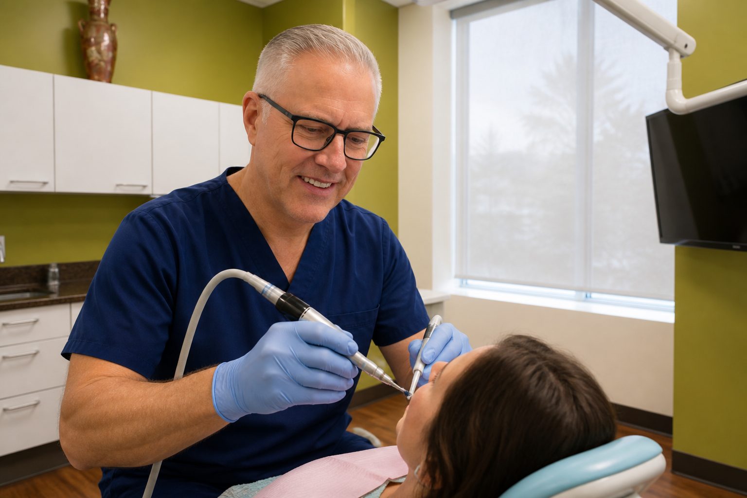 Dentist providing urgent care for a patient in dental pain