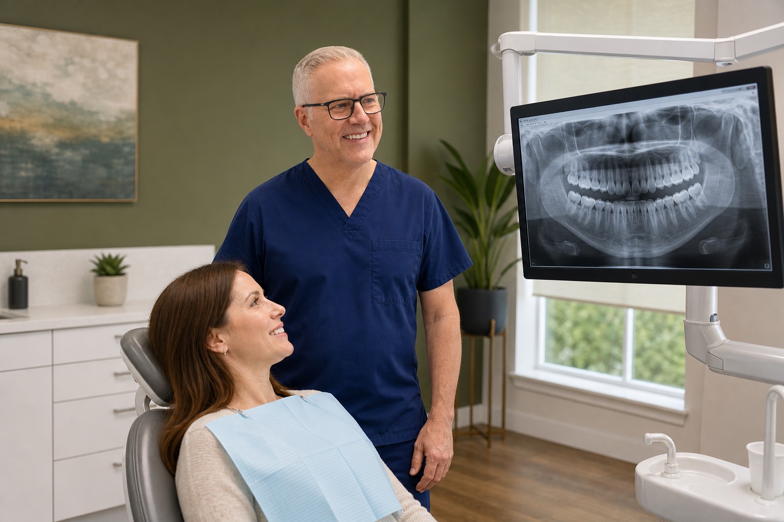 Dentist reviewing a dental x-ray with a patient