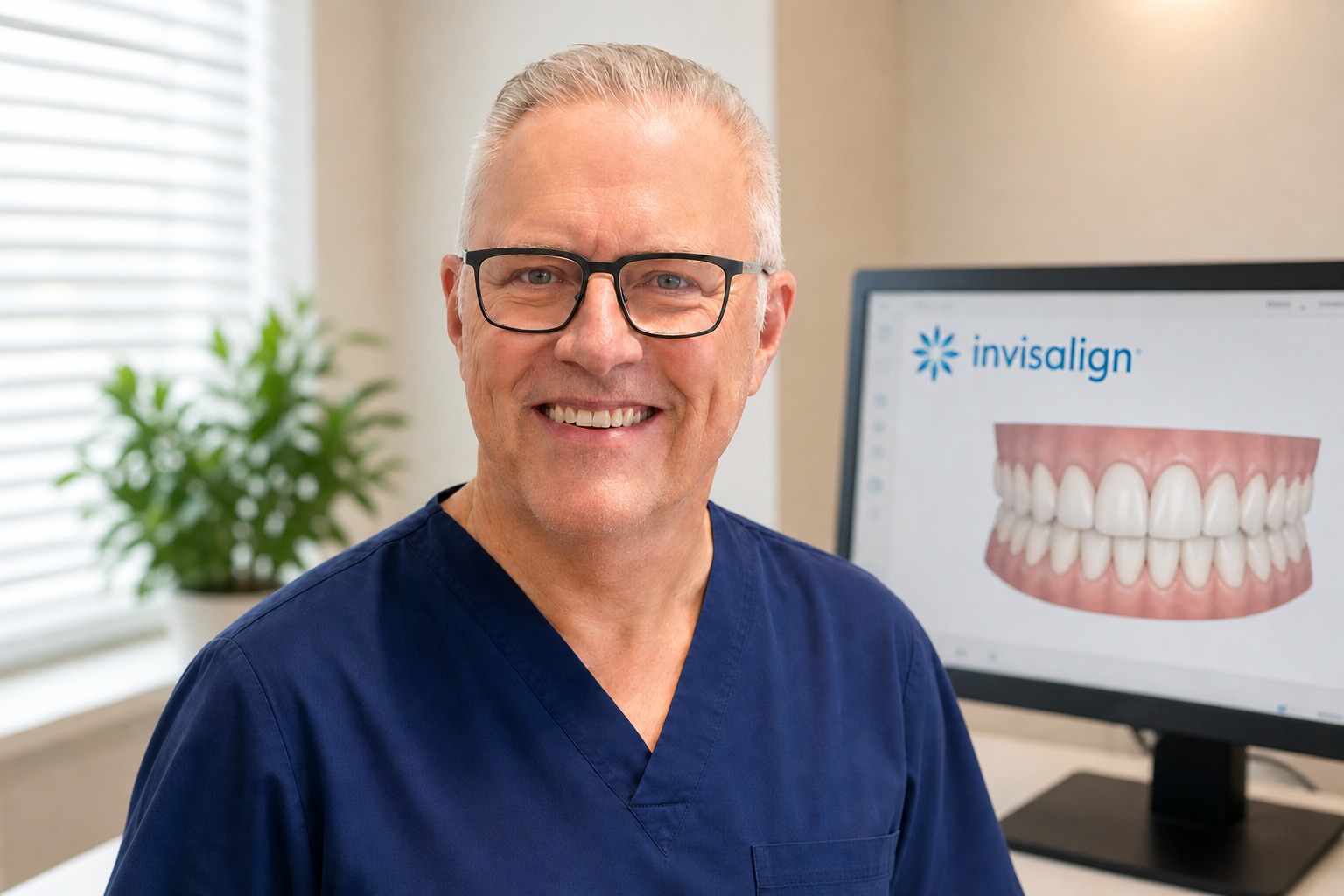 Dentist presenting an Invisalign clear aligner during a consultation