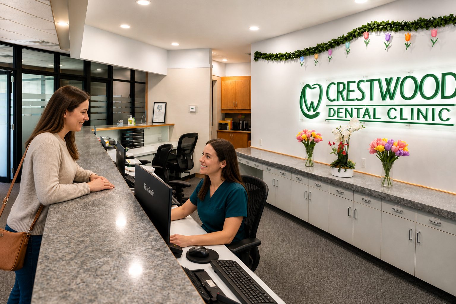 Receptionist helping a patient at the Glenora Dental Family Dentistry front desk
