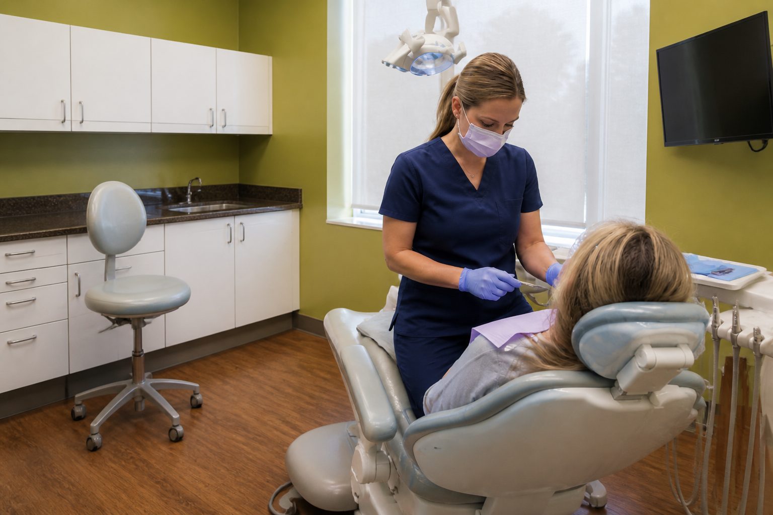 Dental assistant working chairside with a patient