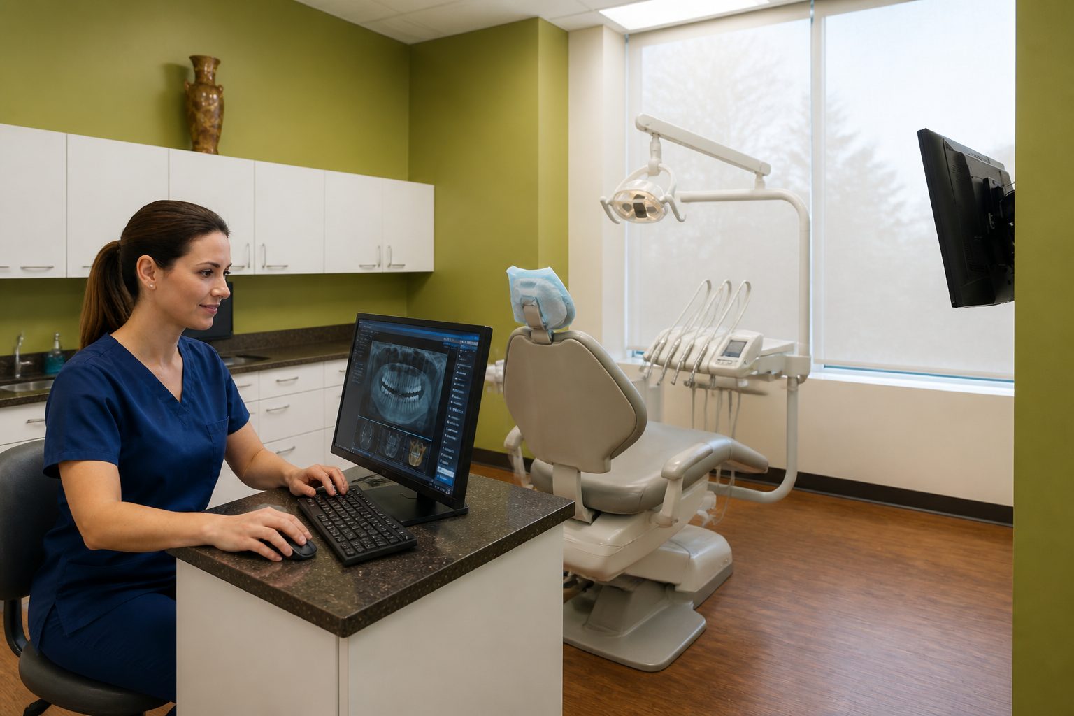 Dental hygienist working at a computer