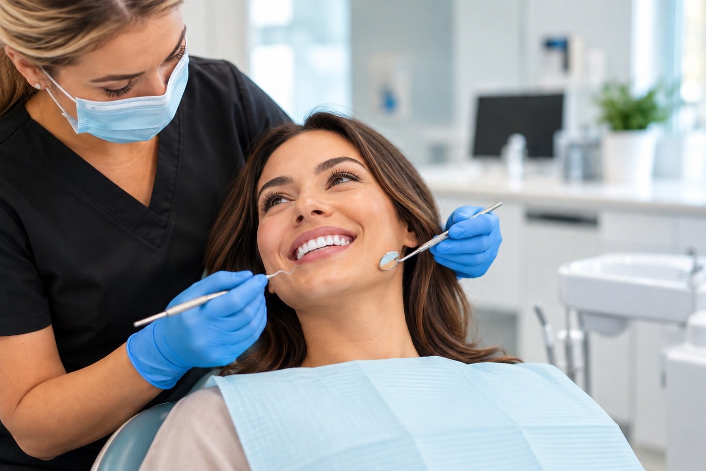 Smiling patient in a dental chair while a hygienist holds a mirror and scaler